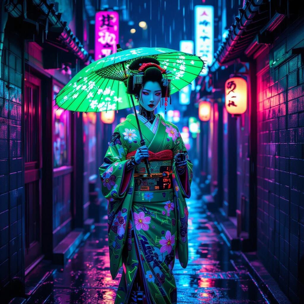 Gothic Cyborg Geisha in Neon-Lit Cyberpunk Alleyway