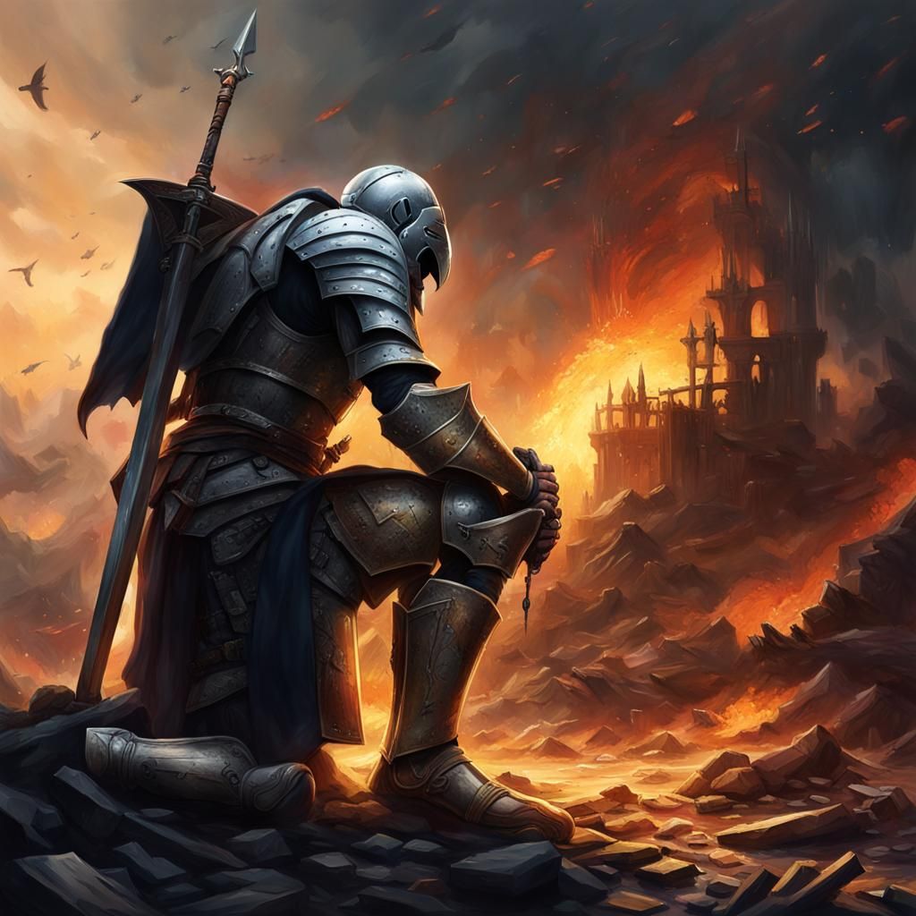 Knight's Prayer Amidst Battlefield Devastation