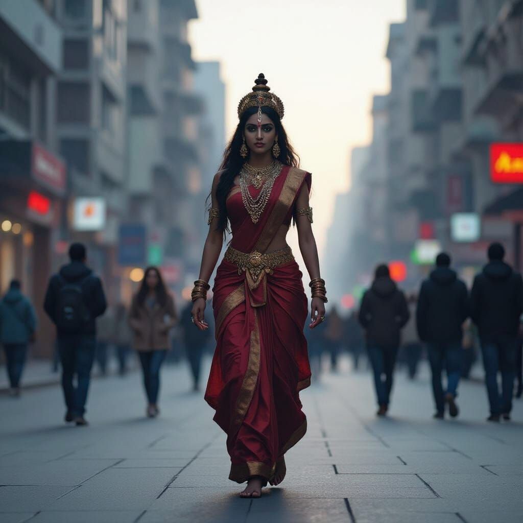 Goddess Kali Walks Through Dawn City Street