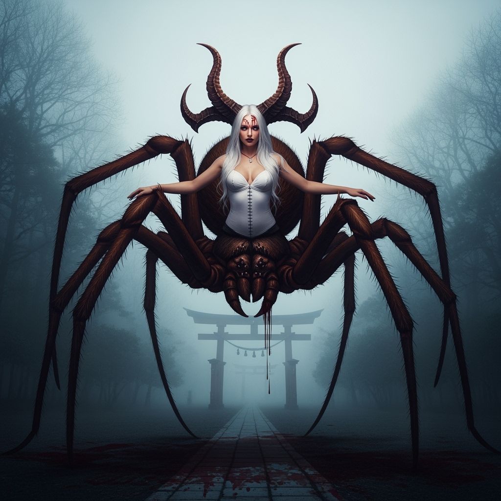 Eerie Arachnid Woman Fusion in Japanese Horror Setting