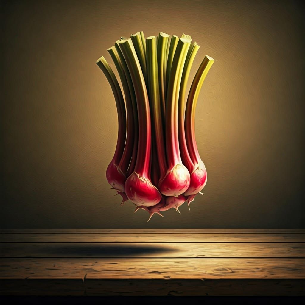 Rhubarb's Surreal Levitation: A Dreamlike Oil Painting