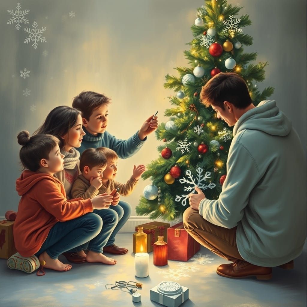 Family Christmas Tree Decorated in Warm Winter Wonderland St...