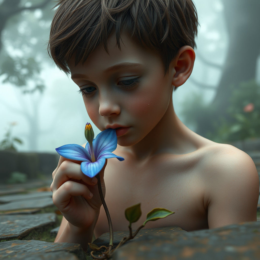 Melancholic Boy Smelling Flower, Hyperrealistic Fantasy Art