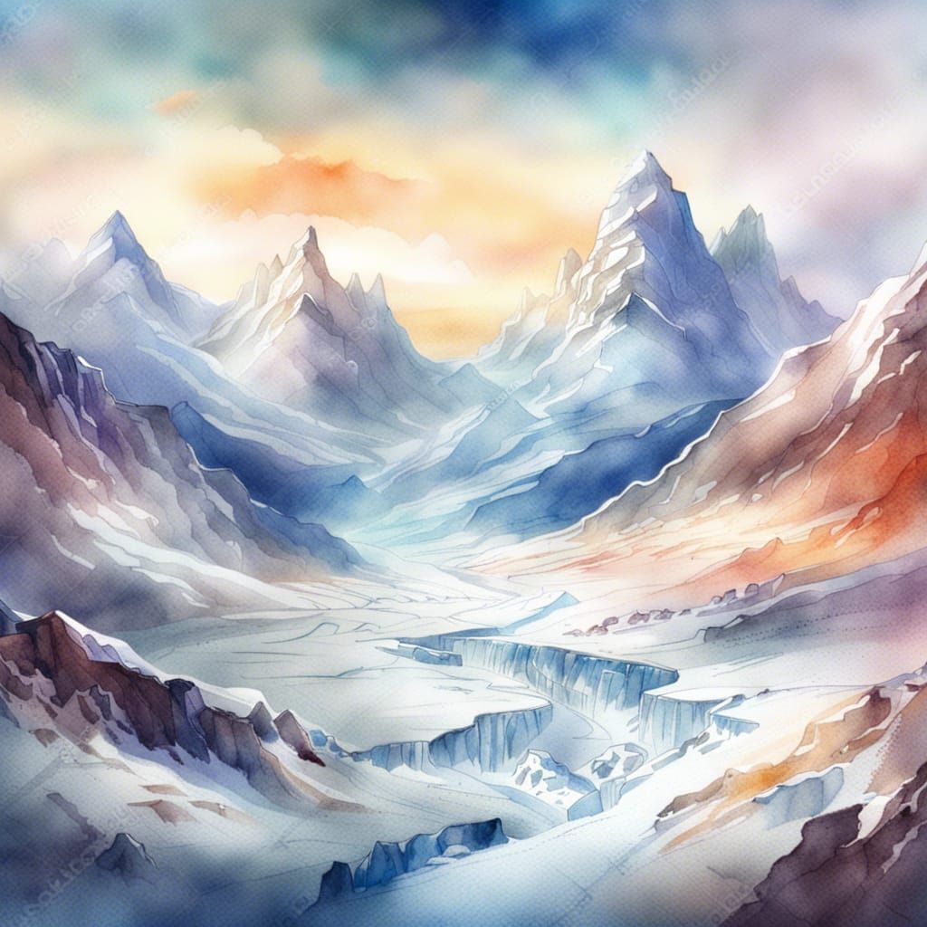 Snow Fox in Frozen Landscape, Turner-esque Watercolour