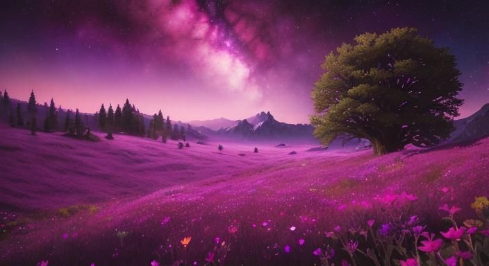 Magenta Bioluminescent Wildflower Field Under Cosmic Sky