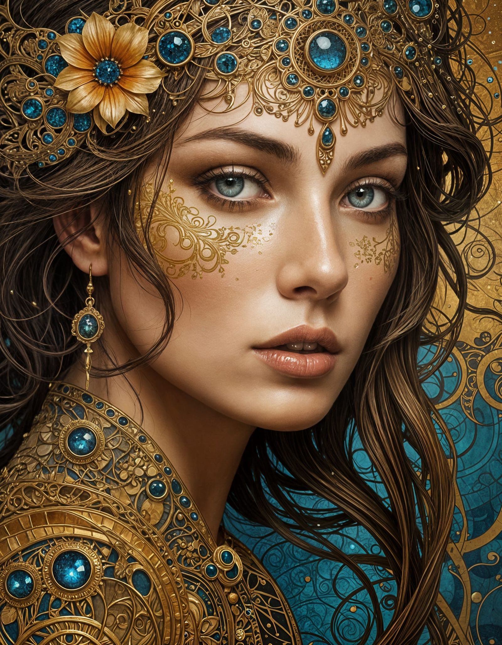 Woman's Portrait in Art Nouveau Style with Gold Accents