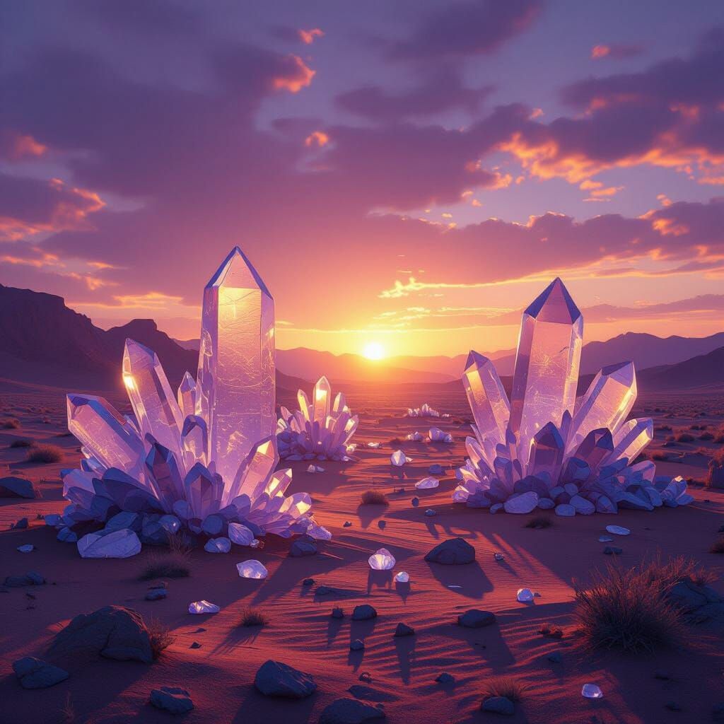 Giant Crystals in Desert Sunset, Purple & Orange Hues