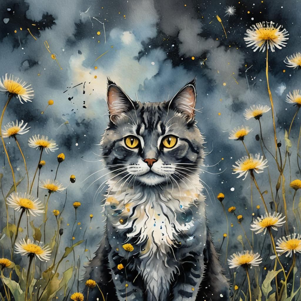 Cat in Ethereal Watercolor Sky with Dandelions