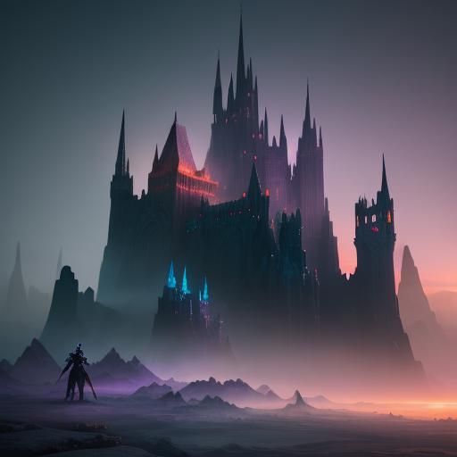 Surreal Cityscape Concept Art with Neon Runes