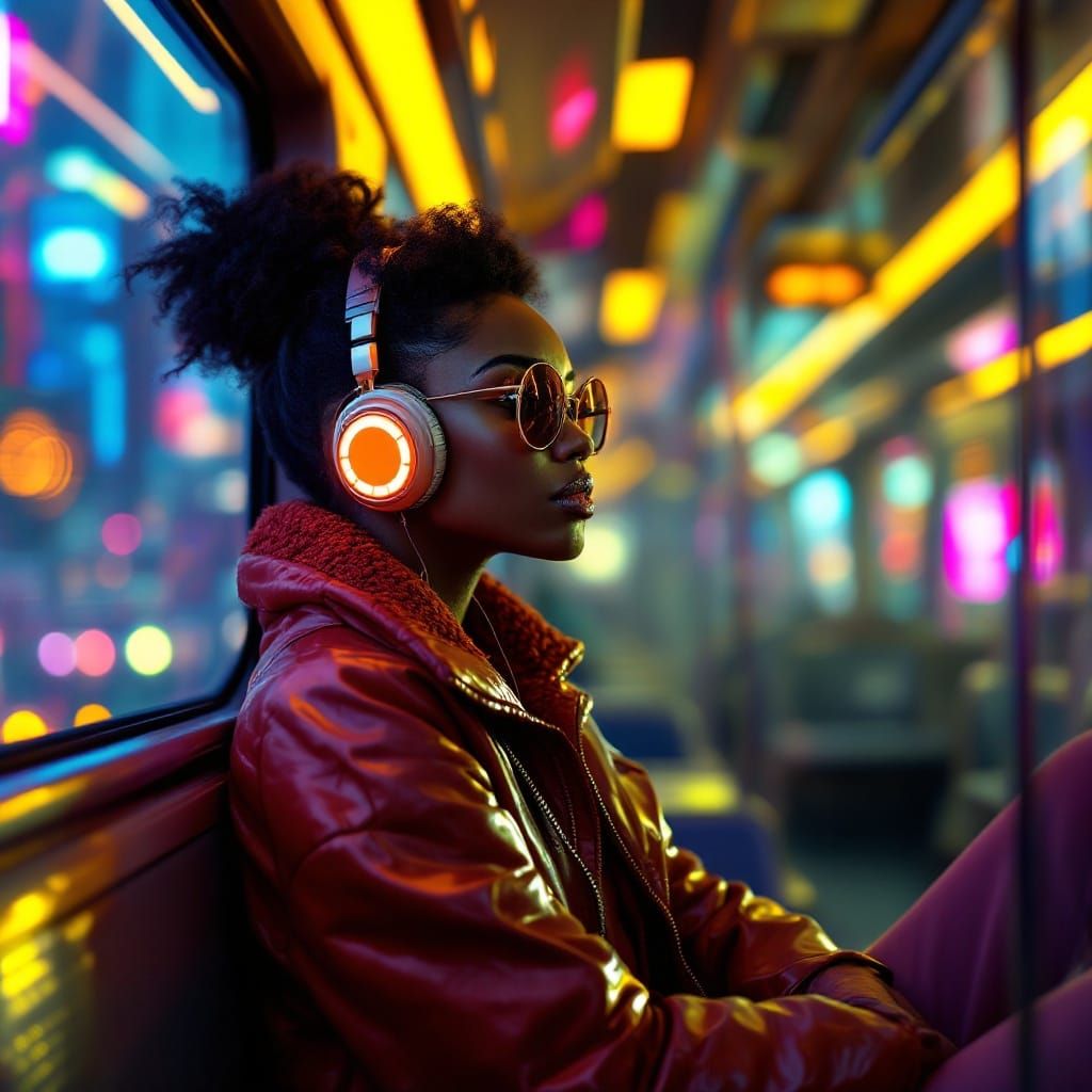 Contemplative Woman on Futuristic Train in Cyberpunk Style