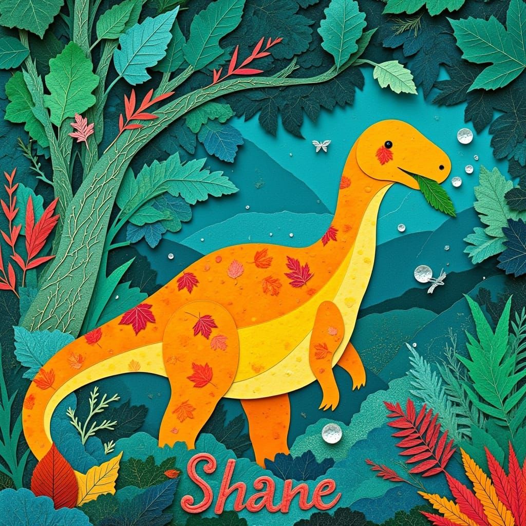 Vibrant Dinosaur in Jungle, Paper Art Style