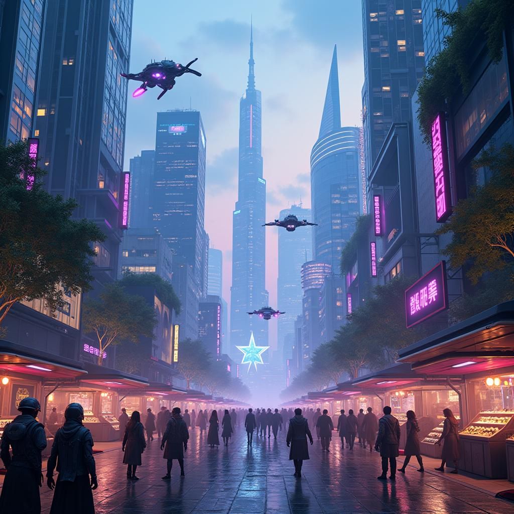 Futuristic Cityscape with Neon Lights and Flying Vehicles