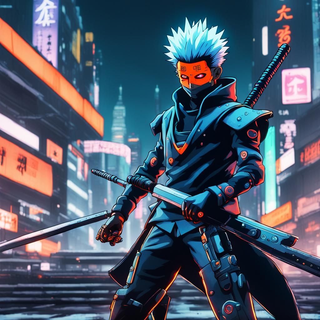 Cyberpunk Obito Uchiha in Vibrant Anime Style