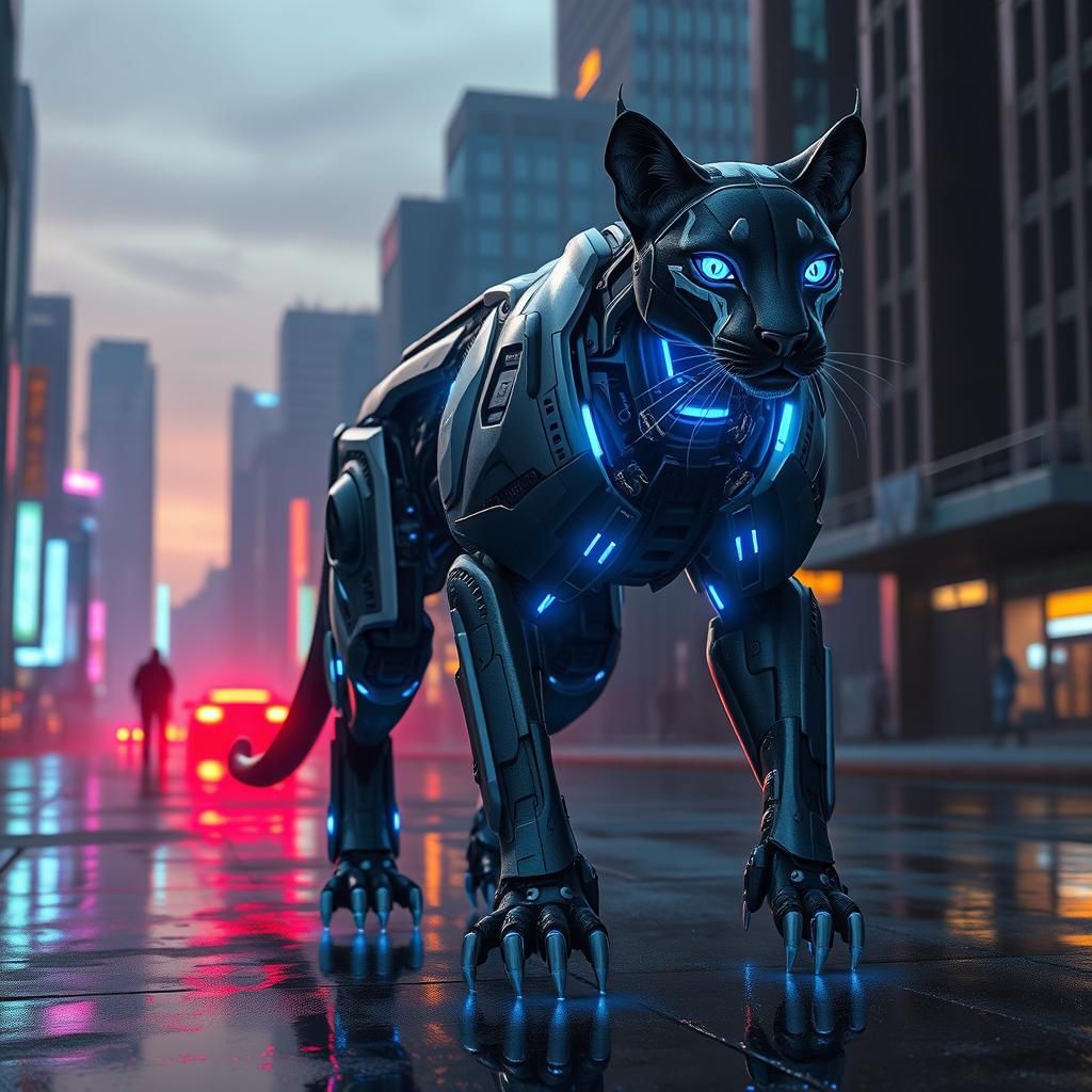 Futuristic Cyborg Puma in Dystopian Cityscape