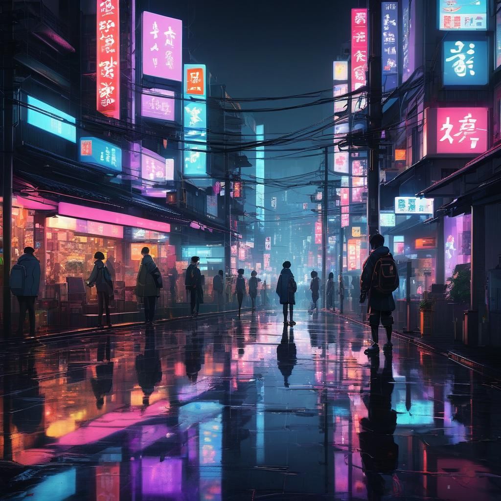 Neon Japanese Cityscape in 3D Anime Style