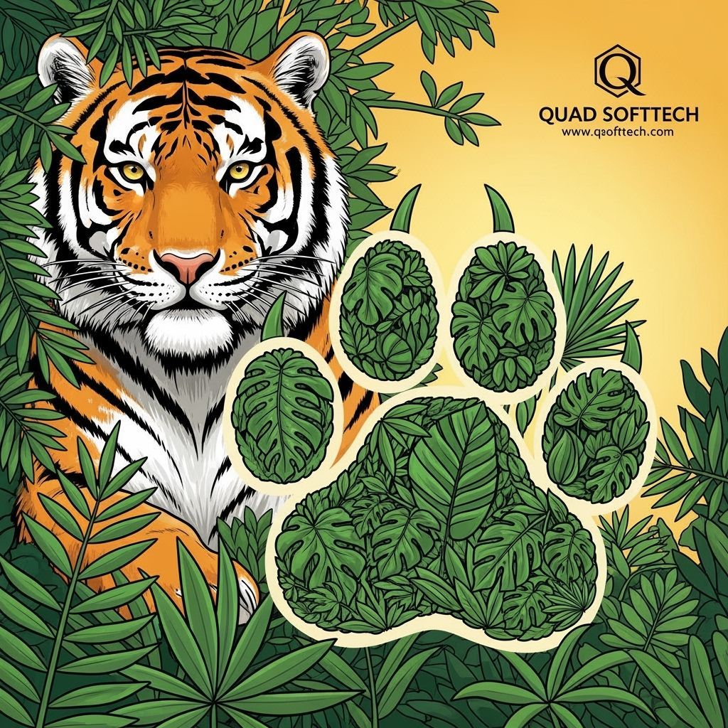 Tiger Face with Foliage Paw Print: Charlie Harper Style