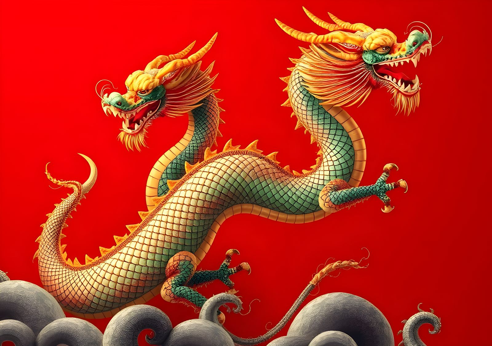 Chinese Dragon on Red Background, Detailed Painting