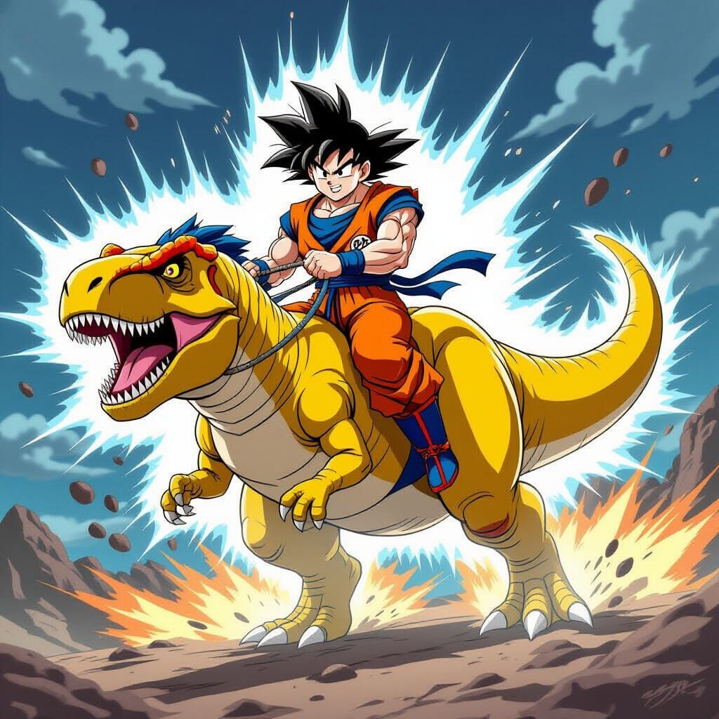 Goku Rides a T-Rex in Akira Toriyama's Style
