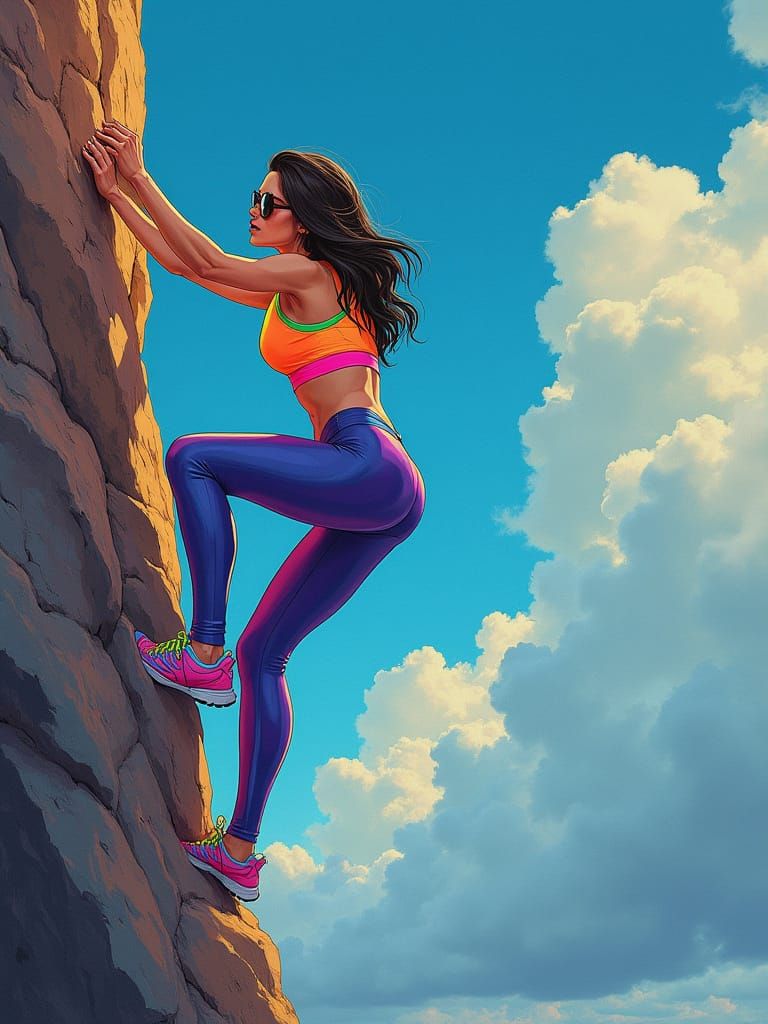 Woman Climbing Cliff in Pin-Up Style Illustration