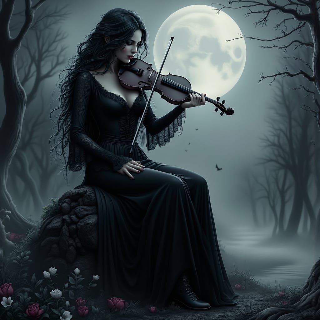 Gothic Witch Plays Violin in Mystic Moonlight