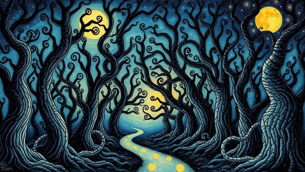 Dreamlike Forest Landscape Under Vibrant Full Moon