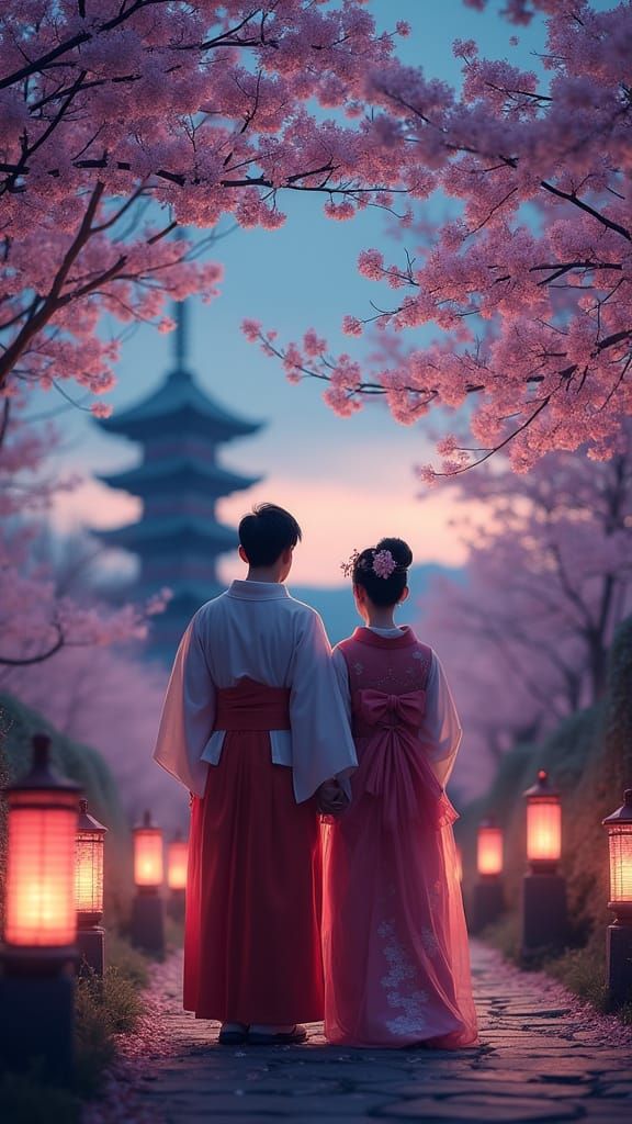 Elegant Couple Under Cherry Blossoms in Traditional Asian Se...
