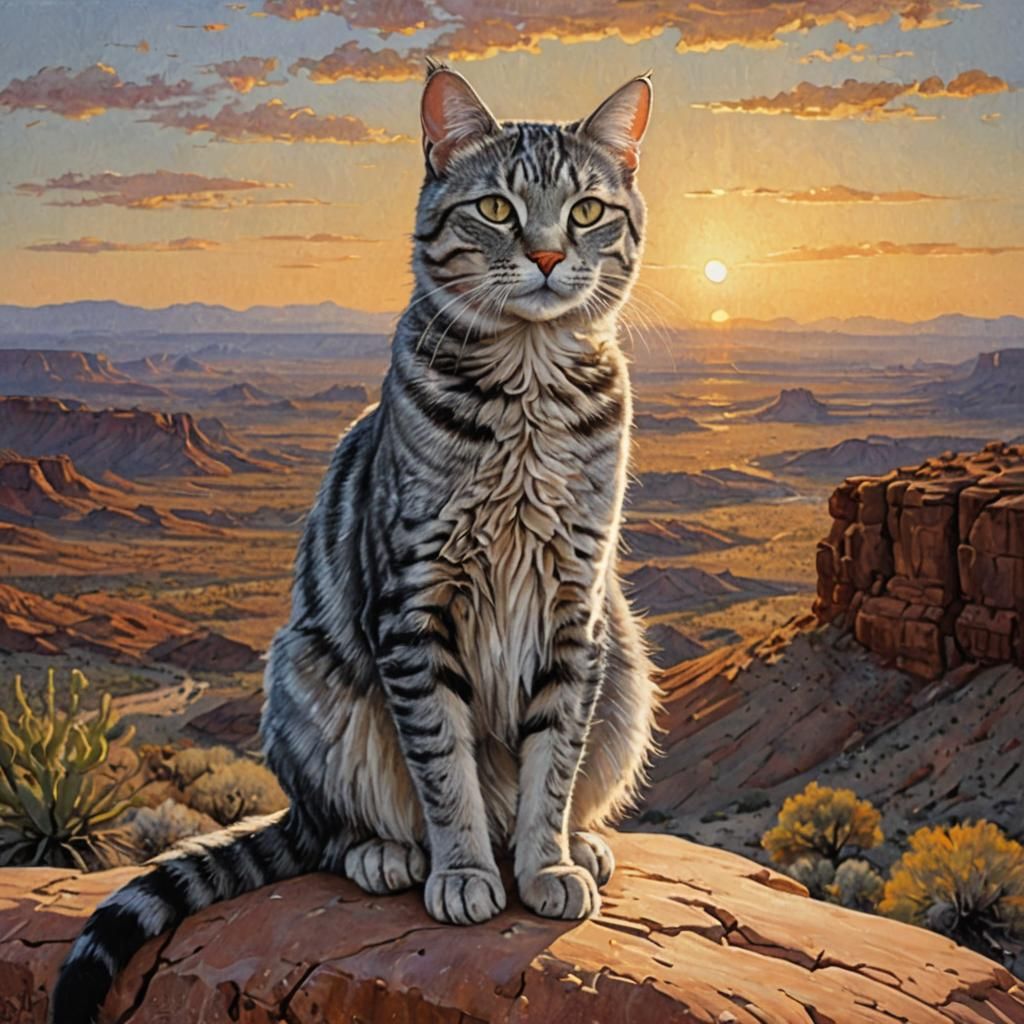 Tabby Cat Sunset Vista as Oil Painting