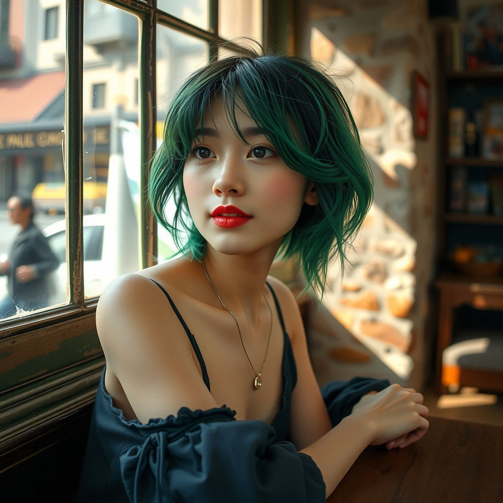 Japanese Woman with Green Hair in Cafe: Cinematic Portrait