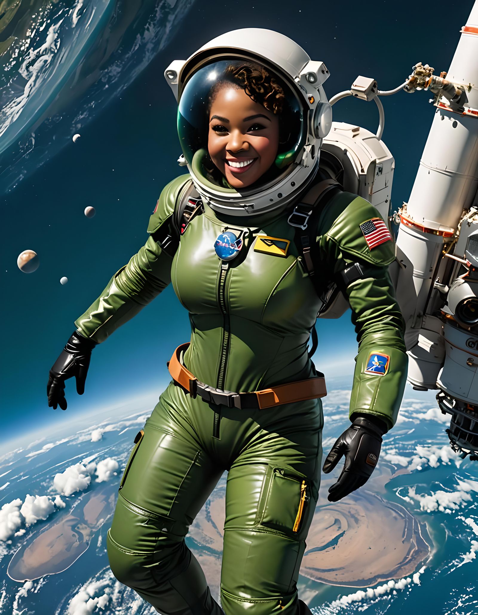 Surinamese Astronaut on Spacewalk in Green Spacesuit