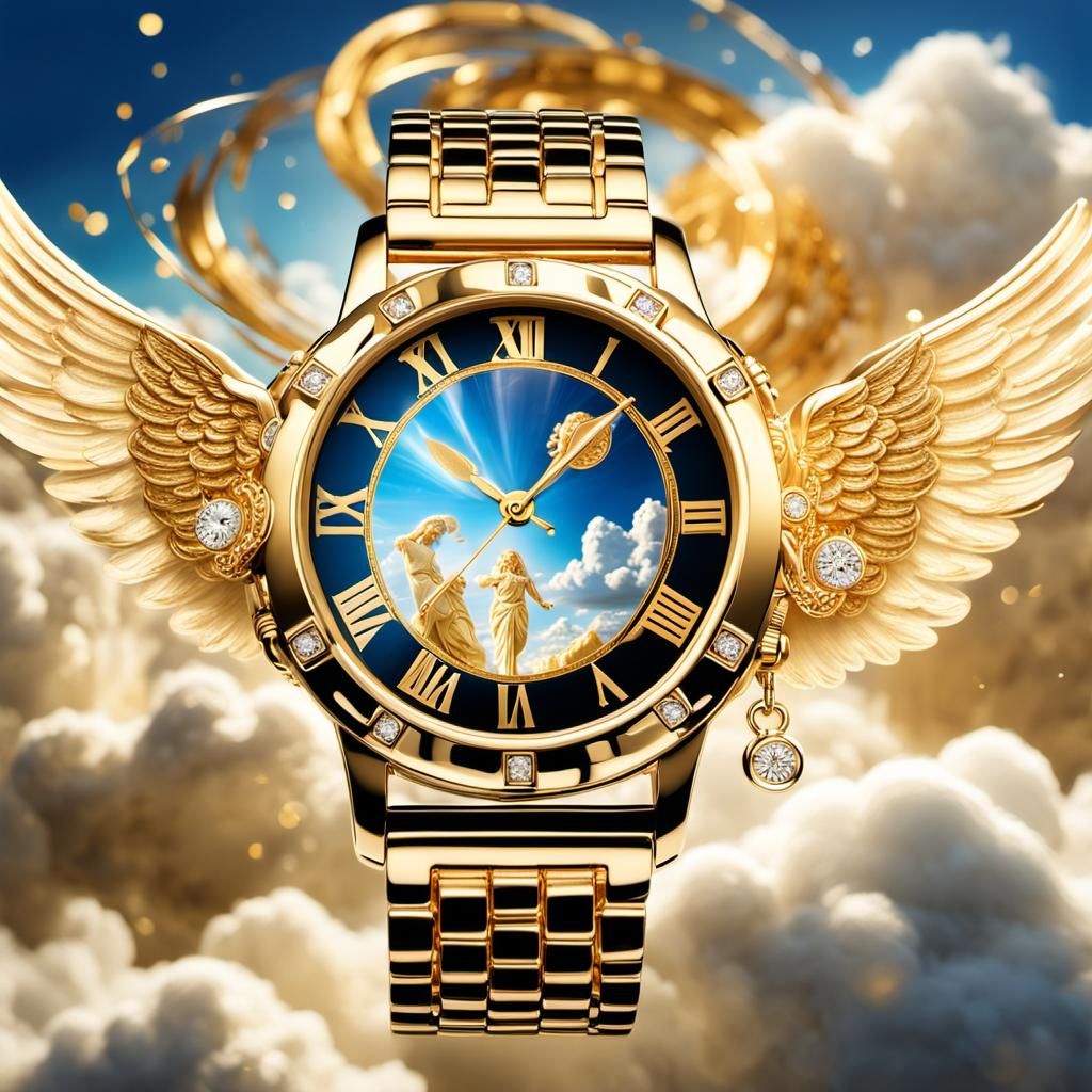 Gold Angel Watch on Clouds, Hyperrealistic Splash Art