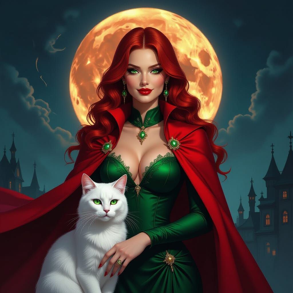 Mystical Woman Under Blood Moon in Dark Fantasy Style