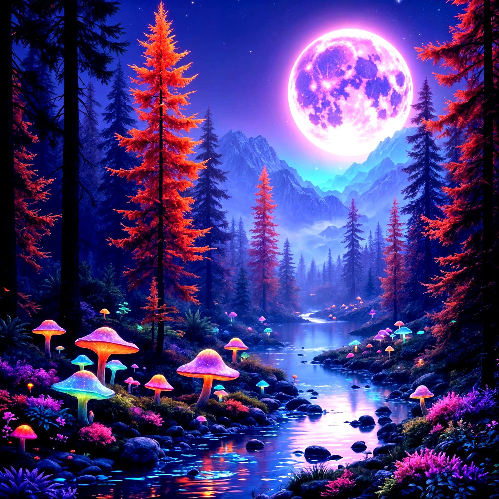 Majestic Dark Purple Moonlit Fantasy Forest in Vibrant Iride...