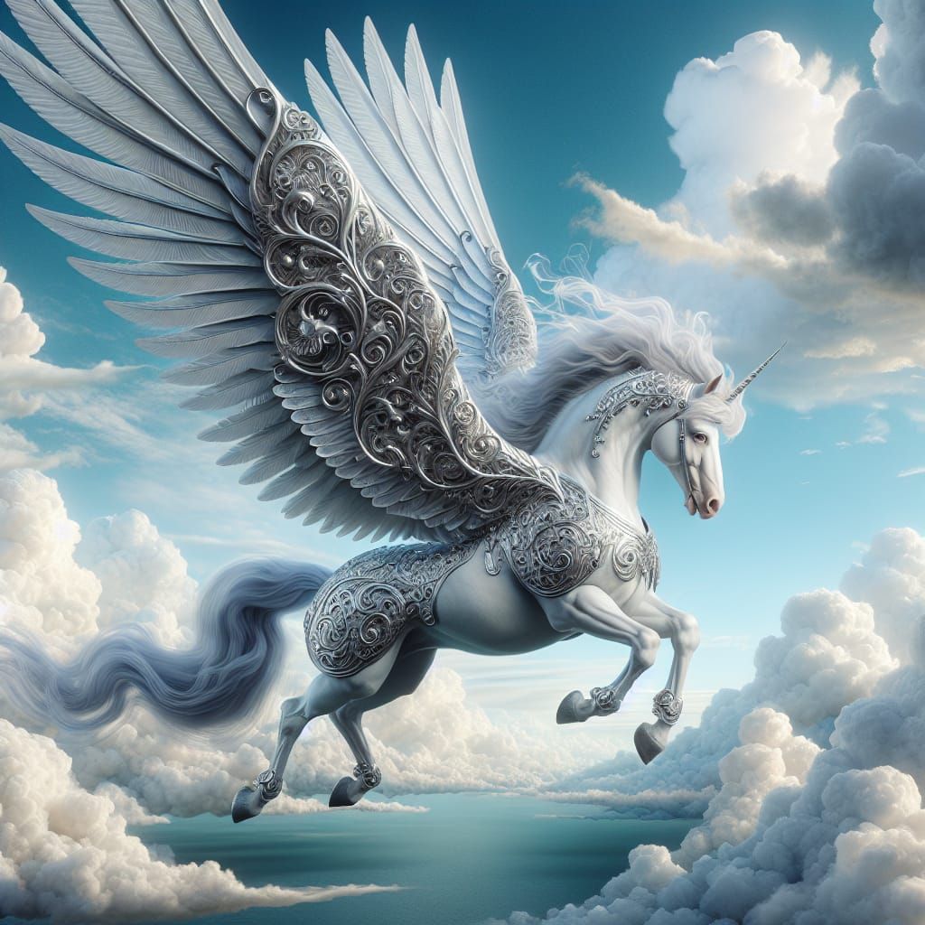 Winged Horse in Silver Armor Soaring in Teal Sky