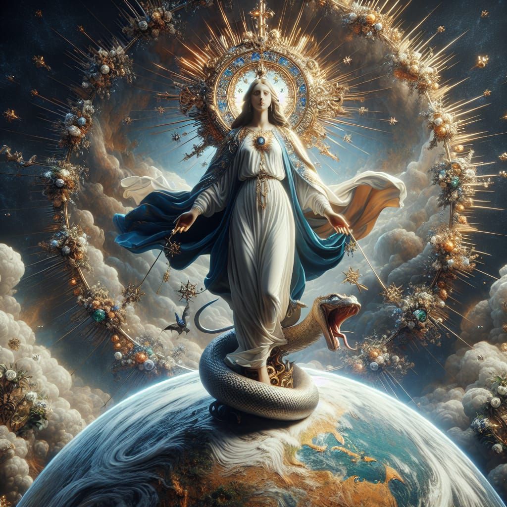 Immaculate Conception: Woman Conquers Serpent in Matte Paint...