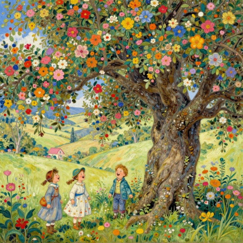 Ancient Flowering Tree Overlooking Dreamlike Valley