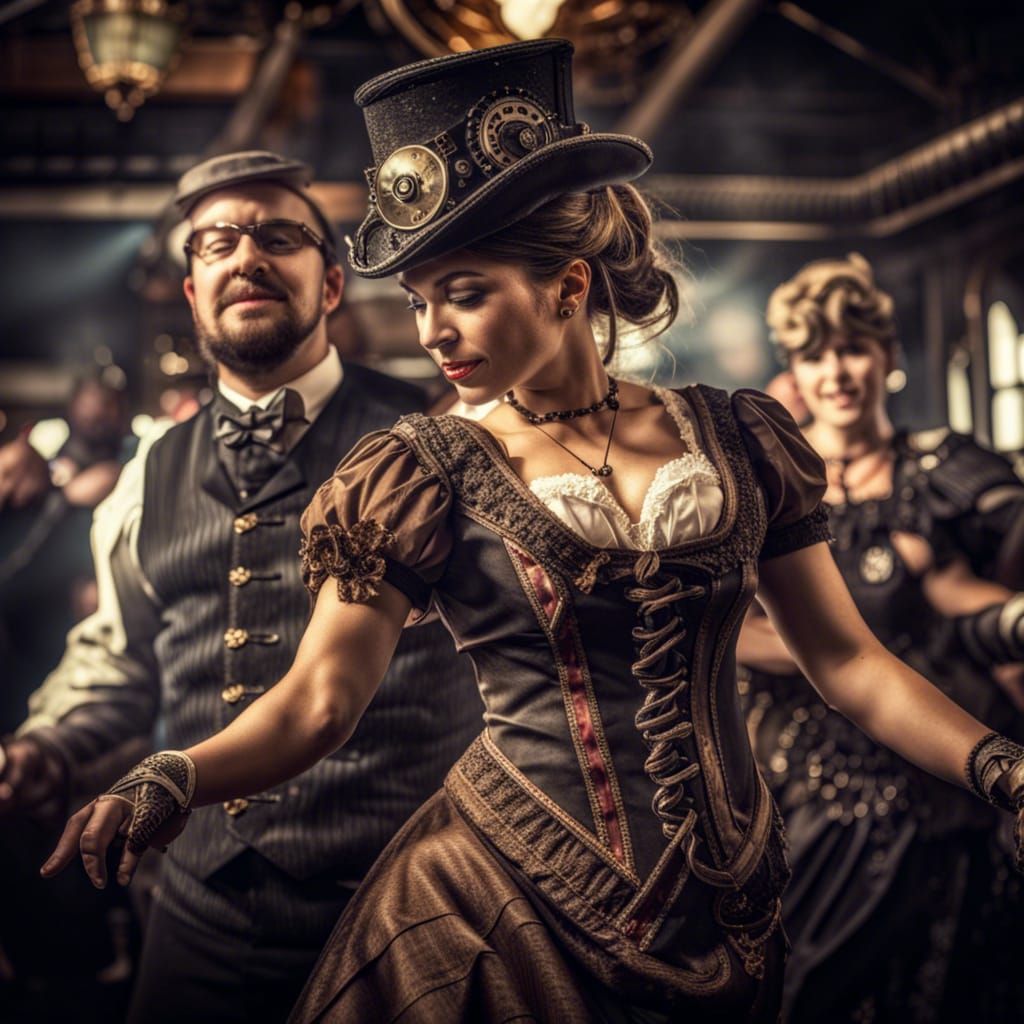 Victorian Steampunk Dance Party in Hyperrealistic Style