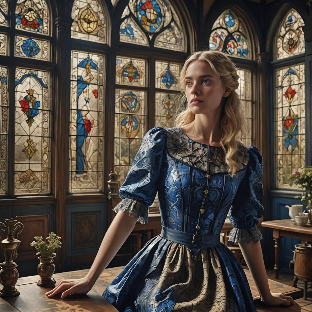 Victorian Era Girl in Delft Blue Dress