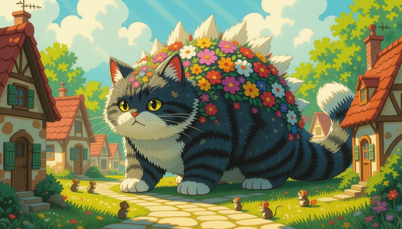Giant Floral Kaiju Cat Roams Mouse Village