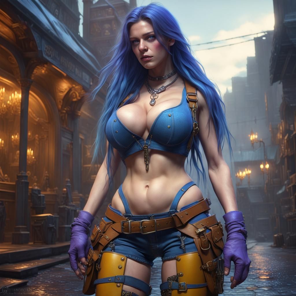 Fantasy Skinhead Girl with Blue Hair, Detailed Digital Art