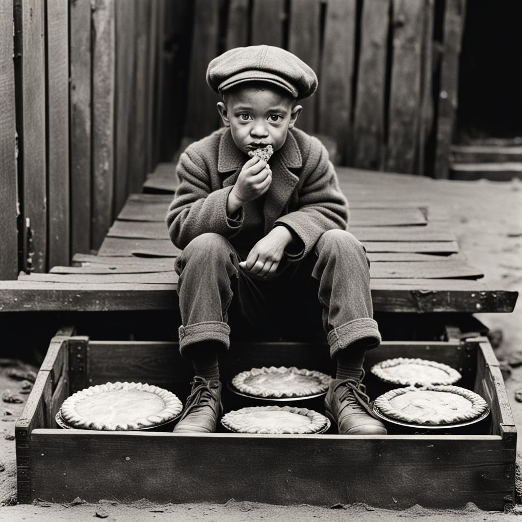 Sad Boy Eating Pie: Life Art Museum Photo