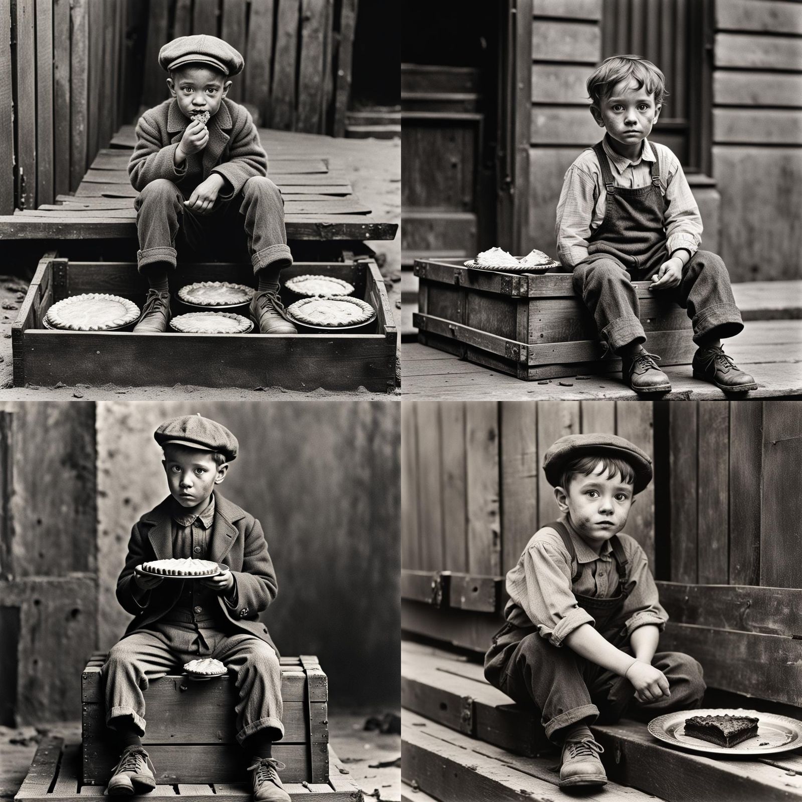 Boy Eating Pie: Detailed Black and White Museum Photo