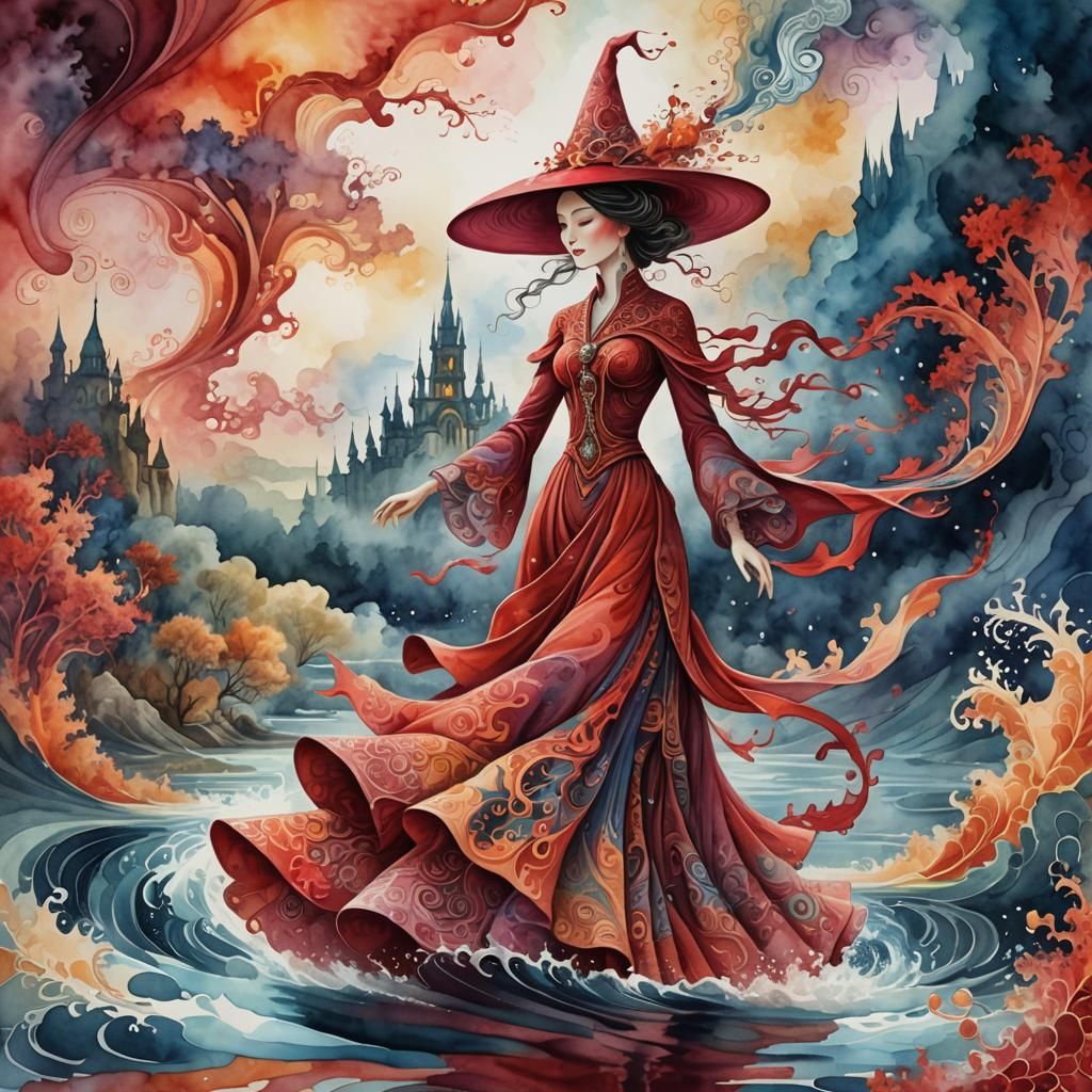 Crimson River Woman Gliding: Watercolor Abstract