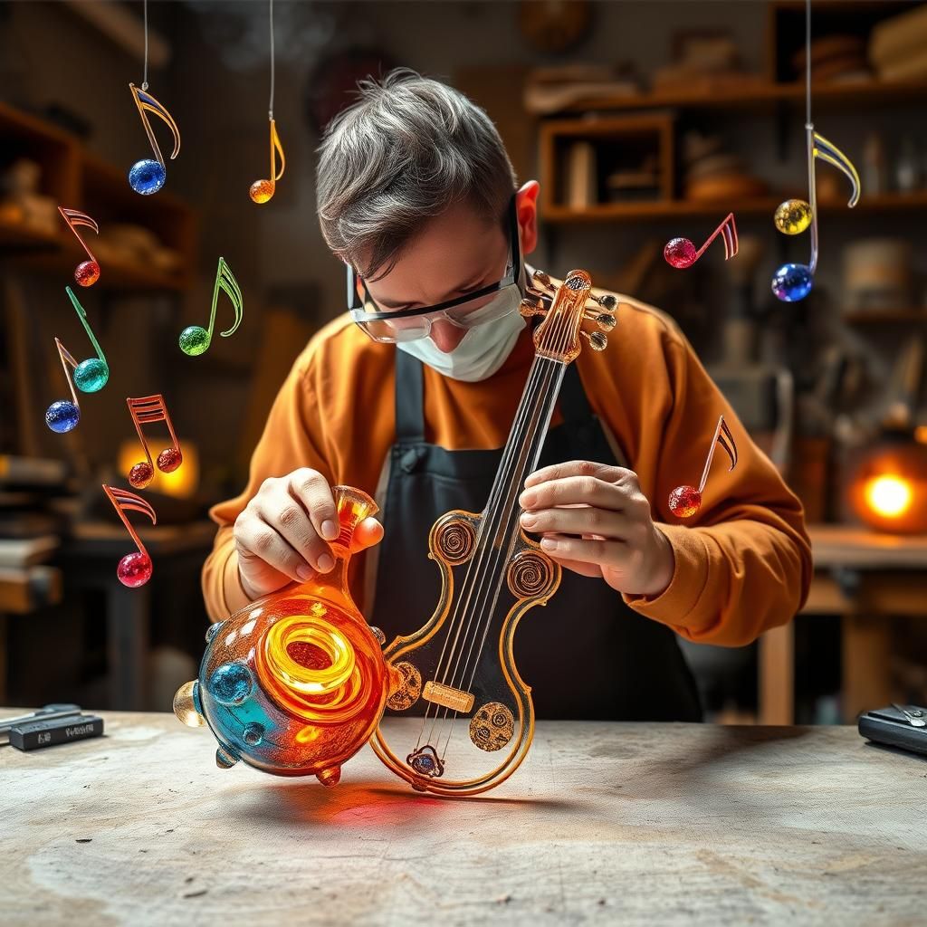 Glass blower artisan blowing  a Lampwork glass  musical inst...