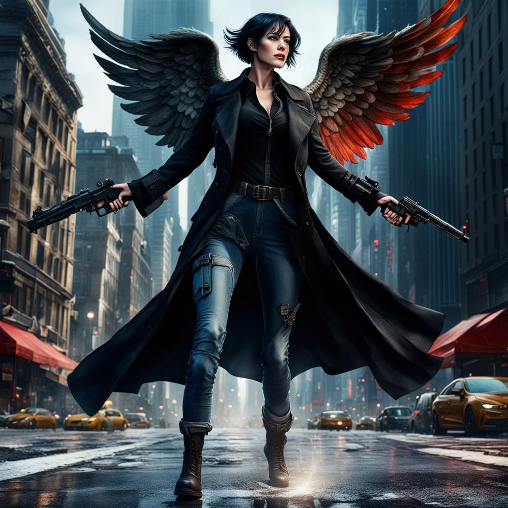 Winged Angel in Cityscape: Detailed Fantasy Art
