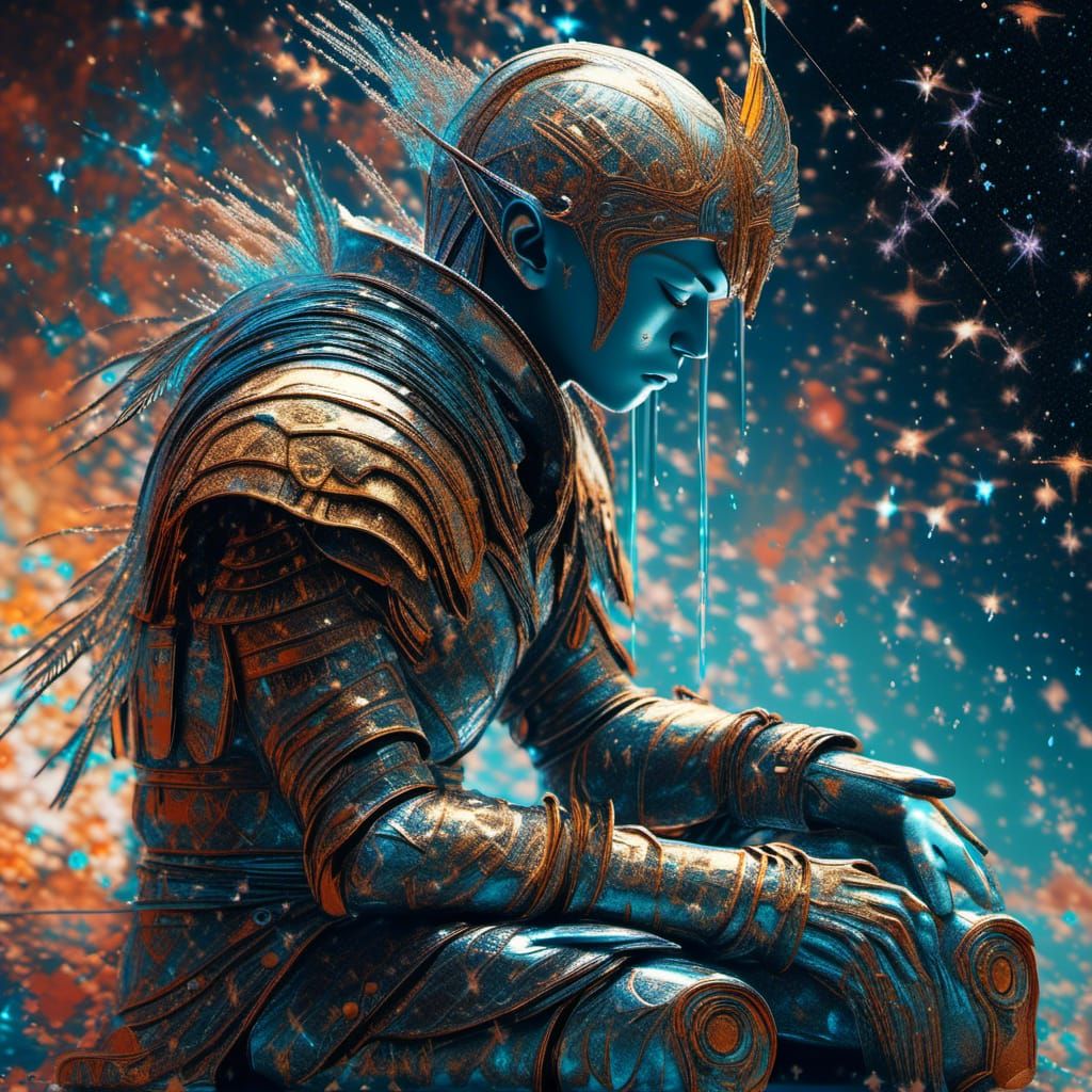 Warrior Kneels Amidst Stars in Digital Painting