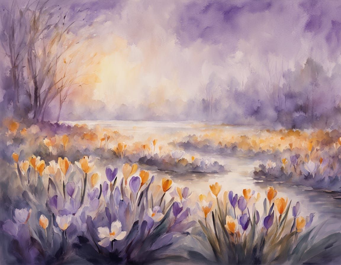 Lavender Crocus Blooms in Soft Focus, Inspired by Impression...