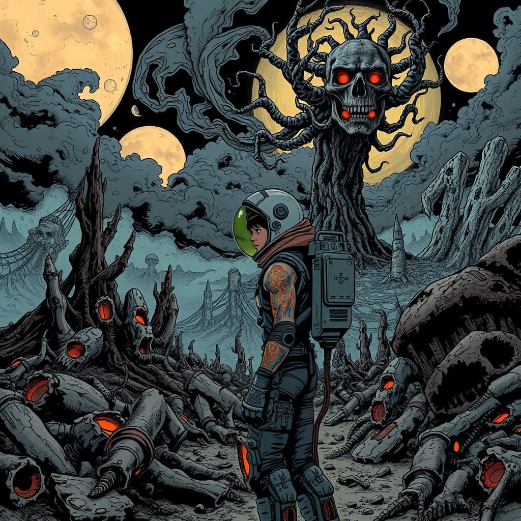 Demigod Astronaut Confronts Demonic Tree in Cyberpunk Horror