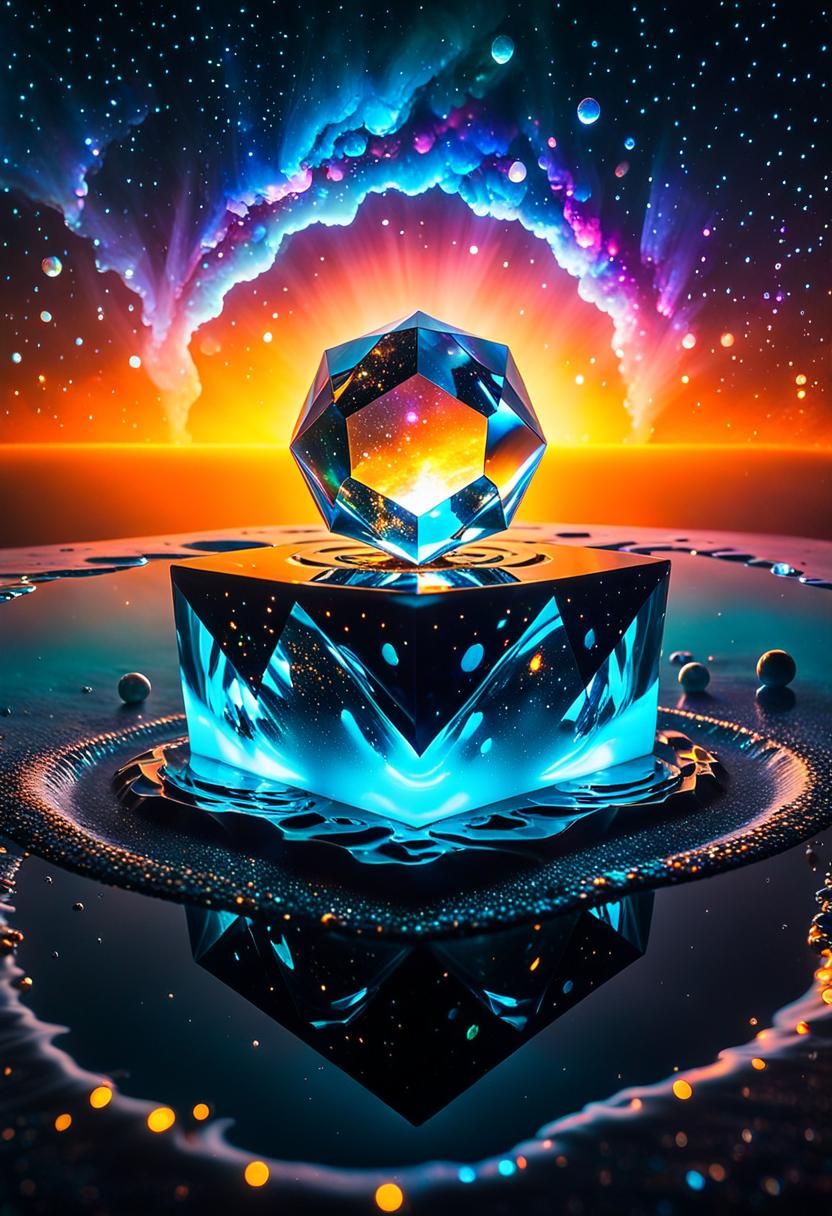 Glowing Icosahedron Reflecting Galaxies in Space