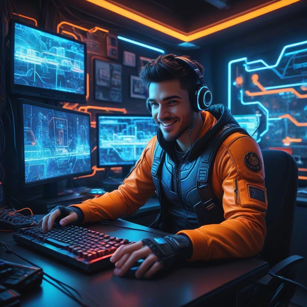 Futuristic Gamer Celebrates Victory in Dynamic Digital Illus...