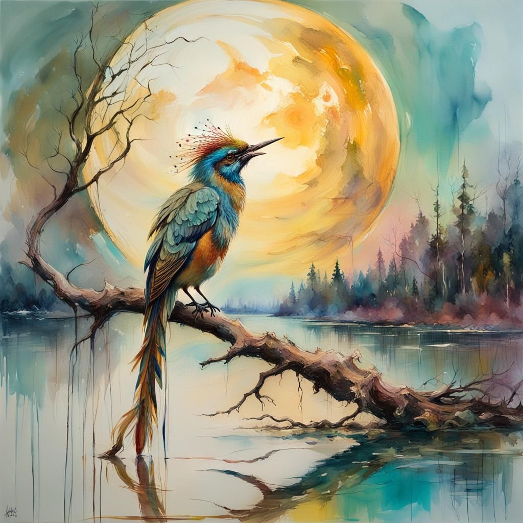 Crested Bird on Branch Before Moon, Impressionist Style